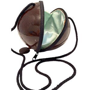 VTG Shoulder Clutch Purse Handbag Hawaii Brown Coconut Shell Carved Zipper Close